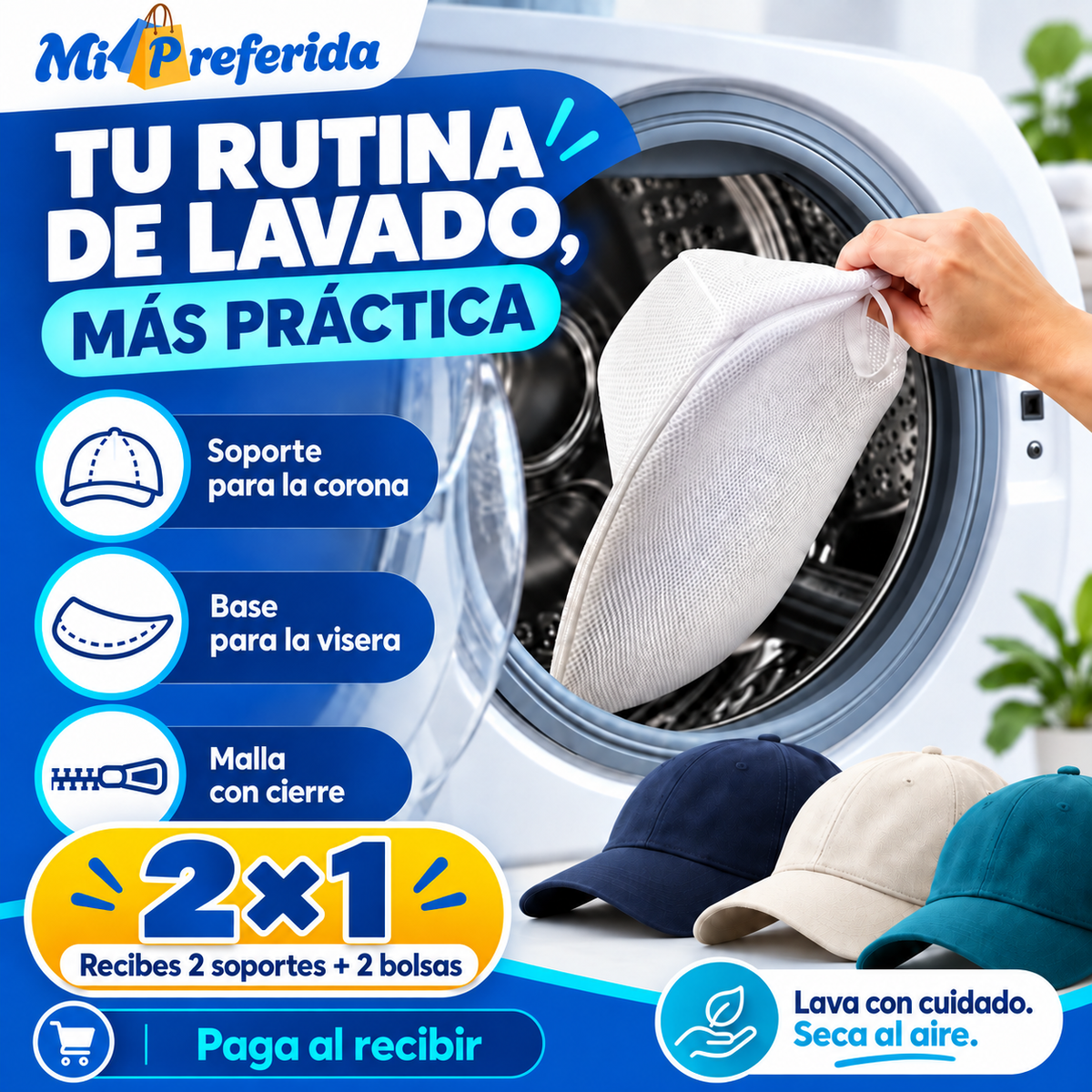 Kit 2x1 para lavar gorras: soporte interior y bolsa de malla