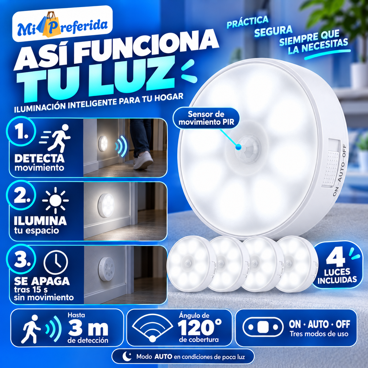 Sensor de movimiento hasta 3 m y 120 grados